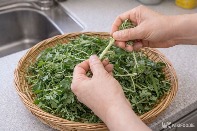 쑥을 손질하고 있다. / 위키푸디