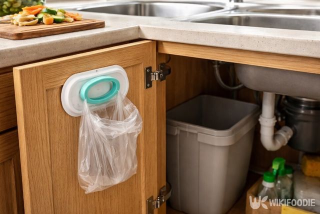 싱크대 문 안쪽에 부착해 비닐봉지를 고정한 모습이다. / 위키푸디