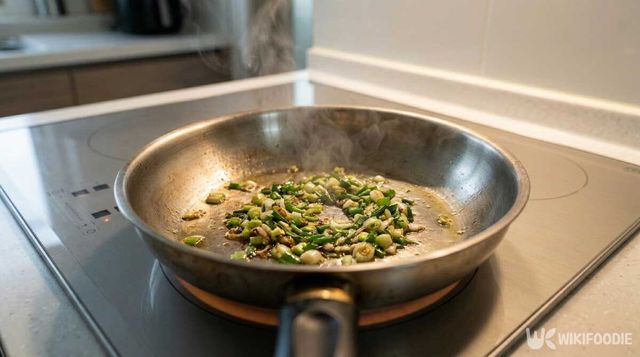 다진마늘과 파를 볶는 모습. / 위키푸디