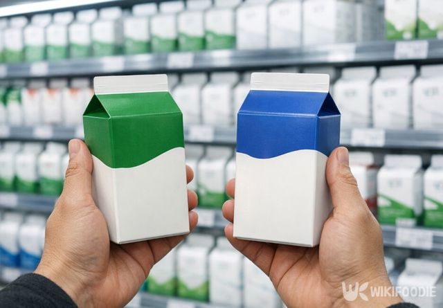 마트 냉장 코너에서 두 가지 우유를 들고 비교하는 장면이다. / 위키푸디