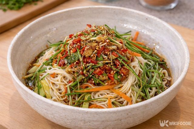 완성된 달래 간장 국수. / 위키푸디