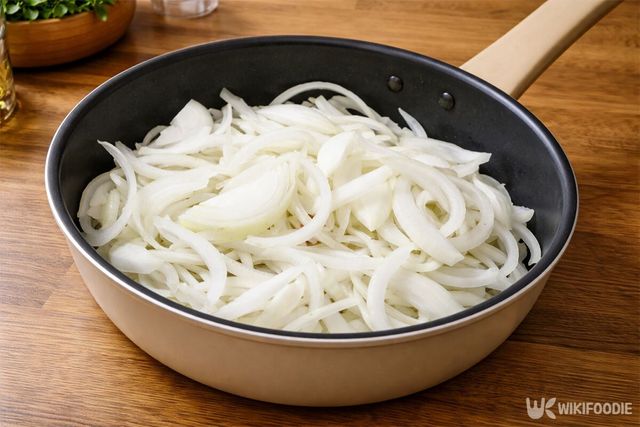 채 썬 양파를 냄비에 수북이 깐 모습. / 위키푸디