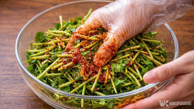 미나리를 비밀 양념장에 무치고 있다. / 위키푸디