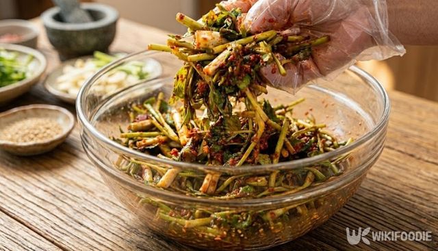 위생 장갑을 낀 손으로 양념을 고루 버무리고 있는 미나리무침 모습이다. / 위키푸디