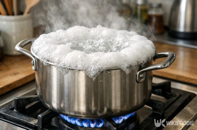 전분이 많은 면을 삶을 때 거품이 빠르게 차오르는 모습이다. / 위키푸디