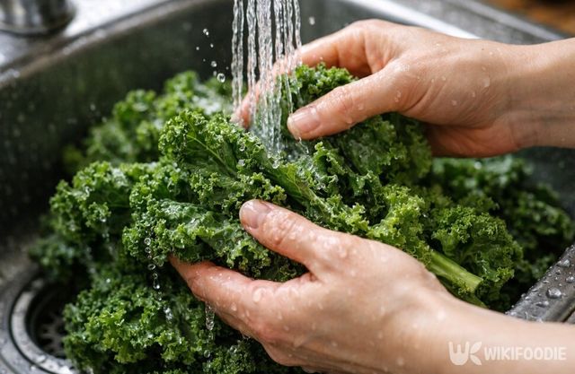 흐르는 물에 케일 잎을 한 장씩 펼쳐 씻고 있다. / 위키푸디