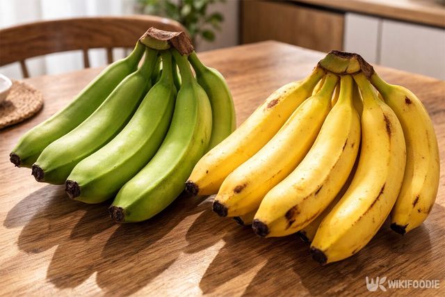 덜 익은 바나나와 완전히 익은 바나나가 나란히 놓인 모습. / 위키푸디