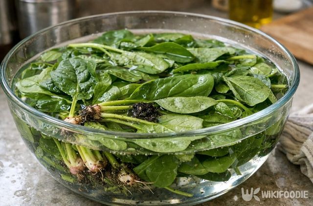 물에 담가 흙을 불리고 있는 시금치 모습. / 위키푸디