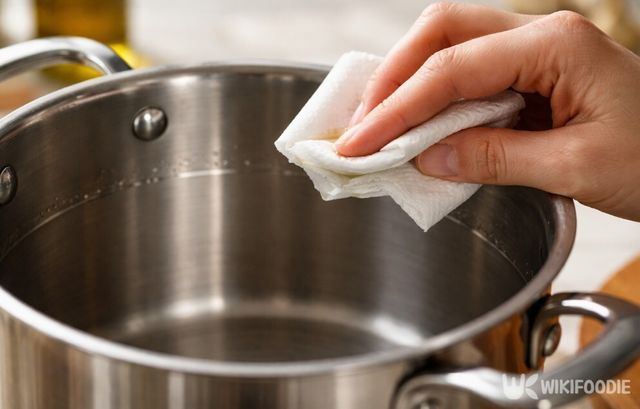 키친타월에 식용유를 묻혀 냄비 안쪽 테두리를 닦는 모습이다. / 위키푸디