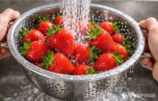 꼭지를 떼지 않은 딸기를 흐르는 물에 헹구고 있다. / 위키푸디