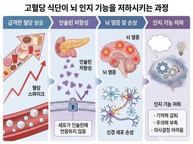 혈당 상승으로 인한 뇌 인지 기능 저하 과정 삽화. / 위키푸디