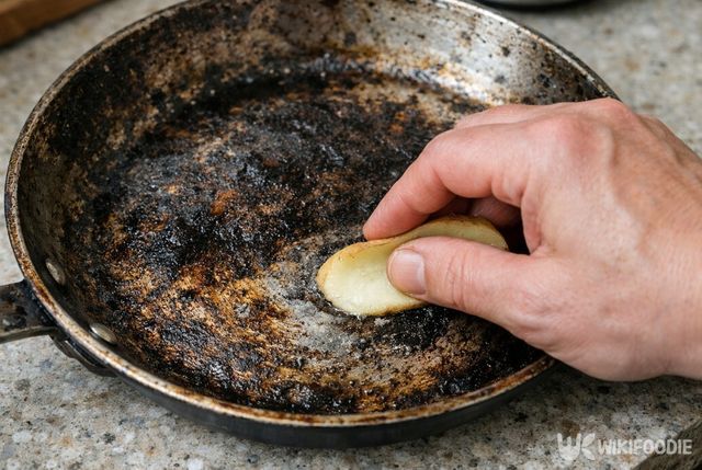 프라이팬 바닥의 그을음을 감자 껍질로 문지르고 있다. / 위키푸디