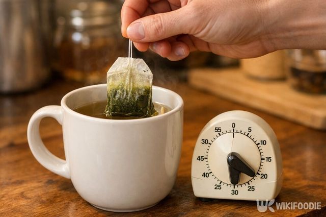 타이머와 함께 녹차 티백을 건져내고 있다. / 위키푸디
