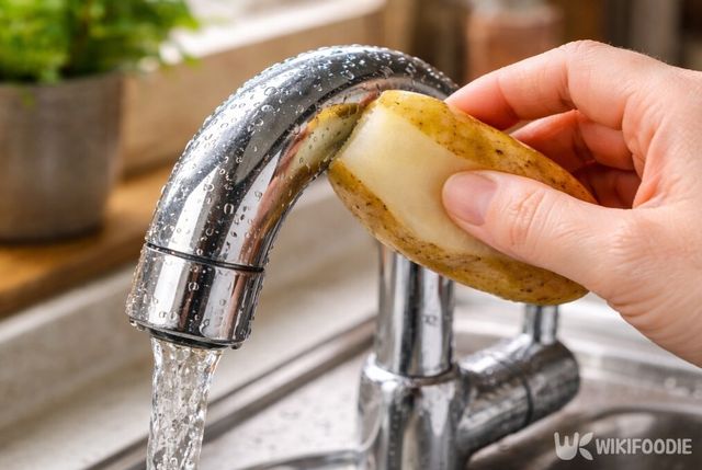 싱크대 수전을 감자 껍질로 닦아 표면을 정리하고 있다. / 위키푸디