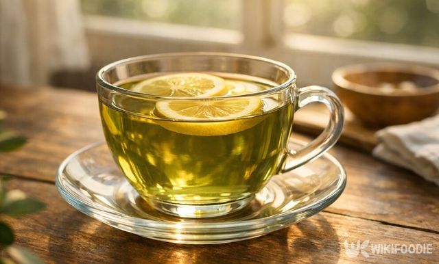 유리잔에 담긴 녹차에 레몬 슬라이스를 띄웠다. / 위키푸디