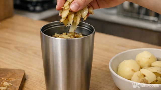 텀블러 안에 감자 껍질을 넣어 세척 준비를 하고 있다. / 위키푸디