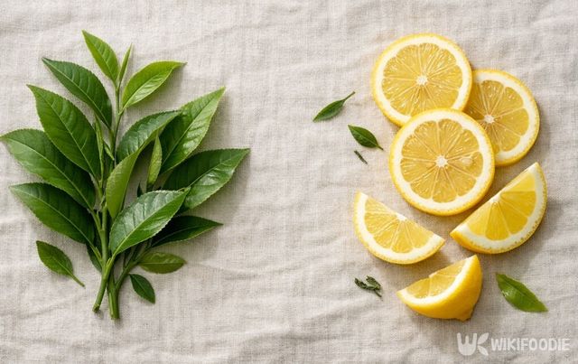 레몬과 녹차 잎이 함께 놓여 있다. / 위키푸디
