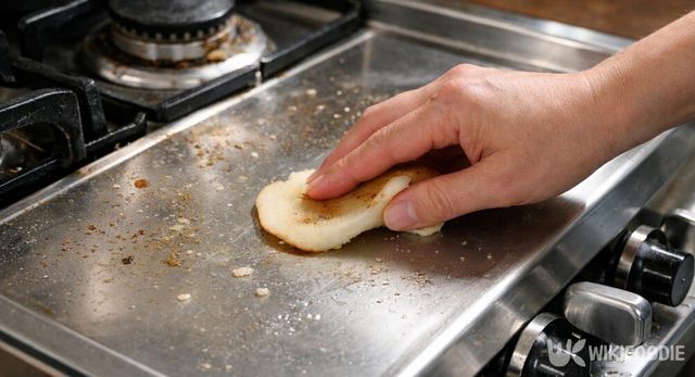 감자 껍질 안쪽 면으로 가스레인지 기름때를 닦고 있다. / 위키푸디