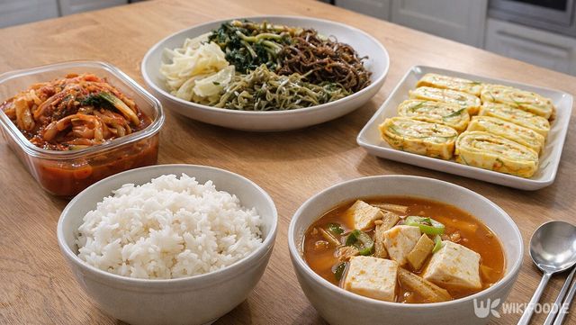 흰쌀밥과 각종 반찬이 식탁에 놓여 있다. / 위키푸디