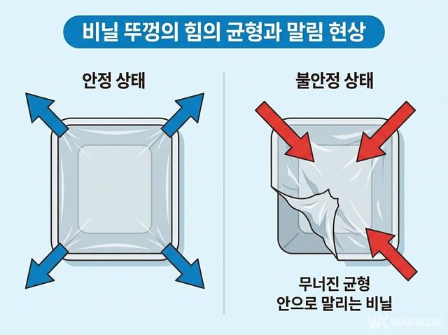 비닐 뚜껑의 힘이 균형을 이룰 때와 한쪽이 먼저 뜯겼을 때의 차이를 설명한 구조 이미지다. / 위키푸디