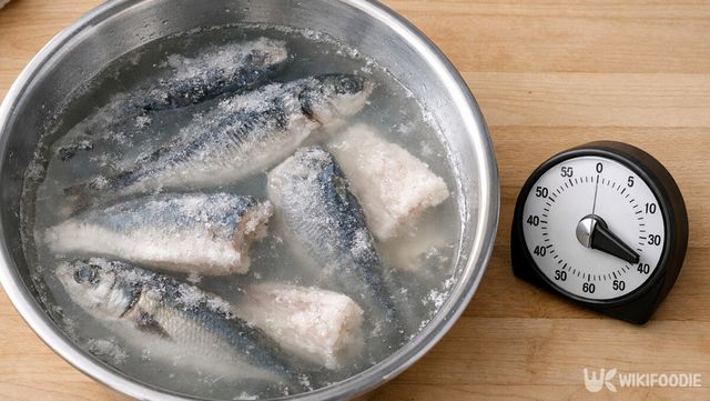 소금과 식초를 푼 미지근한 물에 생선을 담가 빠르게 해동하는 과정이다. / 위키푸디