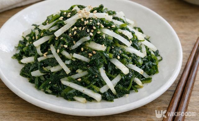 무와 함께 새콤하게 무친 파래무침이다. / 위키푸디