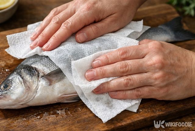 해동이 끝난 생선의 물기를 키친타월로 꼼꼼하게 제거하고 있다. / 위키푸디