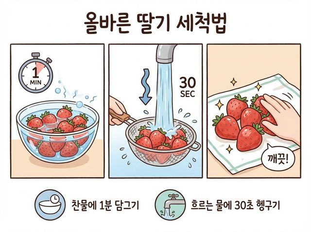 딸기 세척 과정 삽화. / 위키푸디