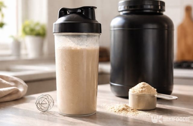 주방 조리대 위에 놓인 단백질 셰이크다. / 위키푸디