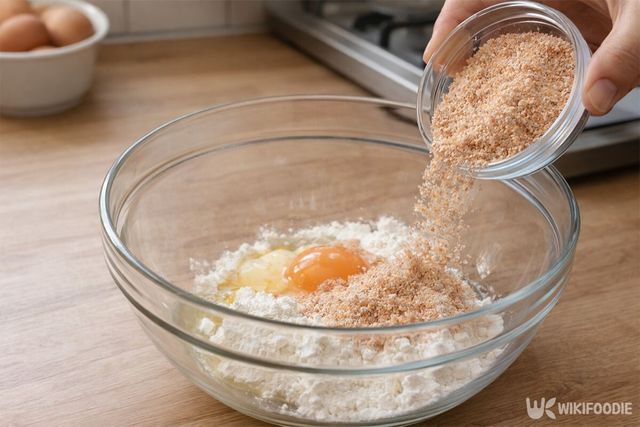밀가루와 달걀이 담긴 볼에 마른새우 가루를 넣고 있다. / 위키푸디