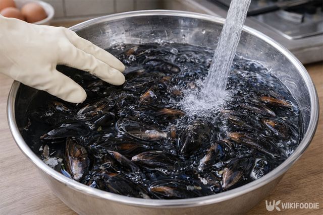 홍합을 물에 씻고 있다. / 위키푸디