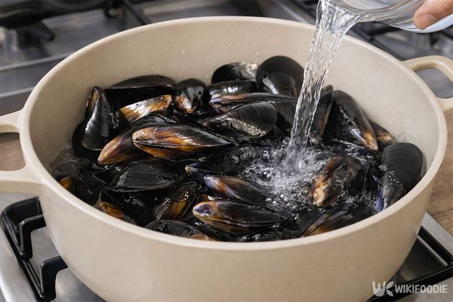 냄비에 홍합을 넣고 물을 붓고 있다. / 위키푸디