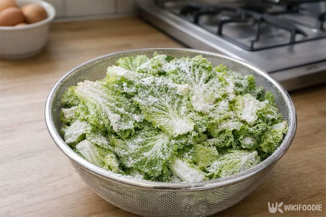 봄동에 밀가루를 묻힌 모습이다. / 위키푸디