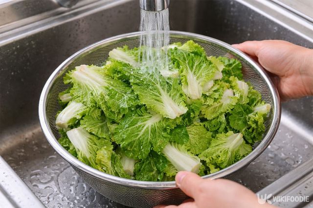 봄동을 흐르는 물에 씻고 있다. / 위키푸디