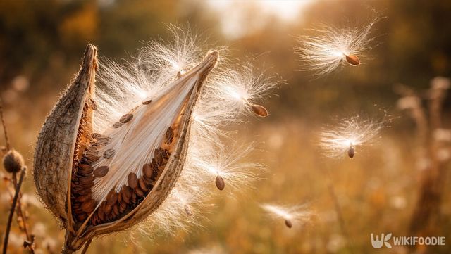 가을에 익은 박주가리 열매가 갈라지며 흰 털을 단 씨앗이 드러난 모습이다. / 위키푸디