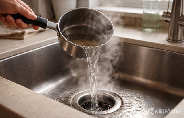 뜨거운 식초물을 싱크대 배수구에 천천히 붓고 있다. / 위키푸디