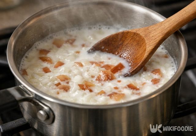 중불에서 양파와 우유를 함께 저어가며 천천히 끓이고 있다. / 위키푸디