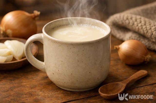 완성된 양파 우유를 컵에 담아 따뜻할 때 마신다. / 위키푸디