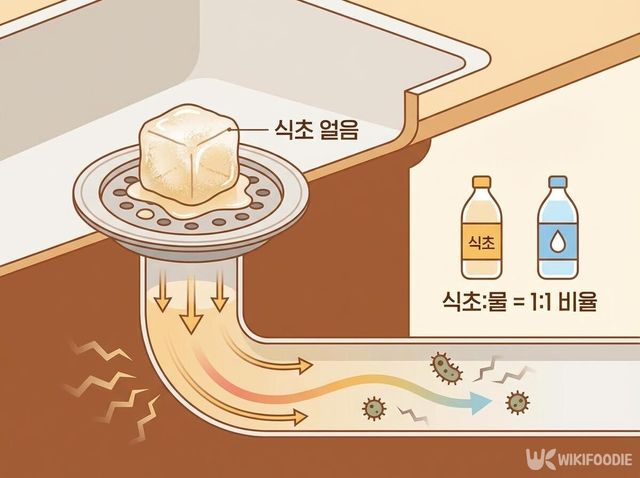 식초와 물을 얼린 얼음을 배수구 거름망 위에 올려두고 있다. / 위키푸디