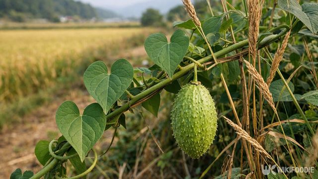 논둑을 따라 자라는 박주가리 덩굴에 하트 모양 잎과 아직 익지 않은 열매가 달린 모습이다. / 위키푸디