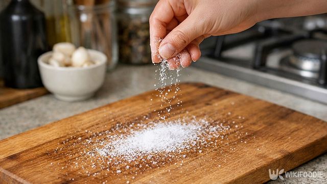 나무 도마에 소금을 뿌리고 있다. / 위키푸디