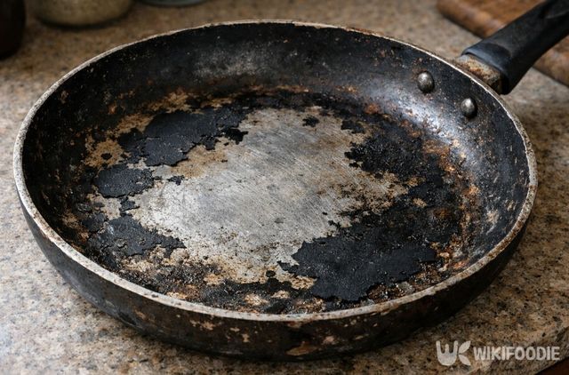 코팅이 완전히 벗겨져 금속이 드러난 프라이팬은 교체가 권장된다. / 위키푸디
