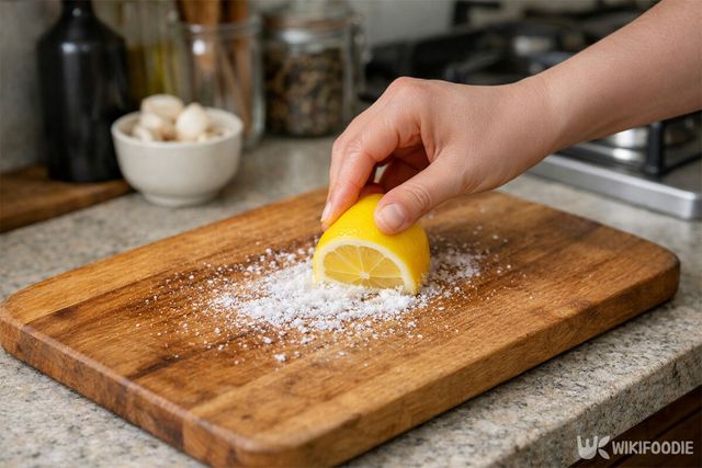 소금이 뿌려진 나무 도마에 레몬을 문지르고 있다. / 위키푸디