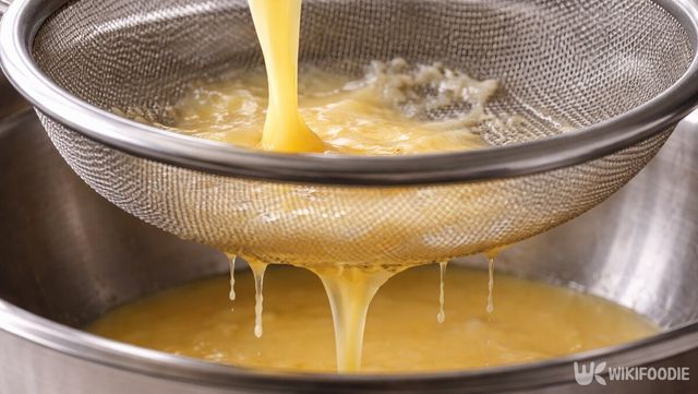 달걀물을 체에 거르면 알끈과 미세한 불순물이 함께 걸러진다. / 위키푸디