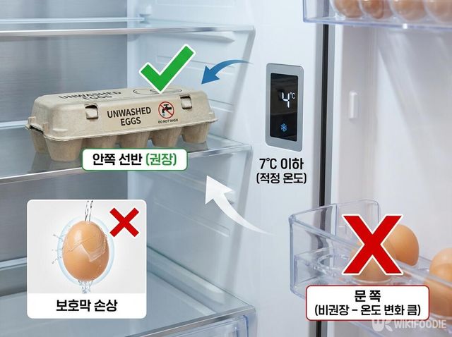 냉장고 안쪽 선반에 달걀을 보관해야 껍질 보호층 손상을 줄일 수 있다. / 위키푸디