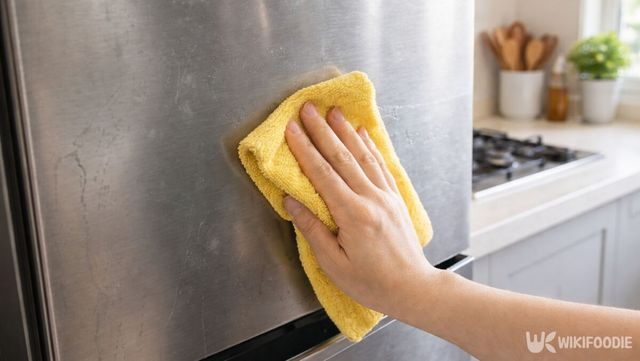 냉장고 얼룩을 린스 묻힌 걸레로 닦고 있다. / 위키푸디