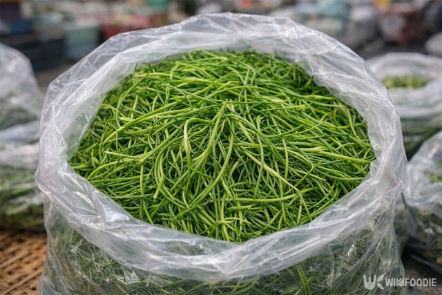 시장에 세발나물이 비닐봉지에 담긴 모습. / 위키푸디