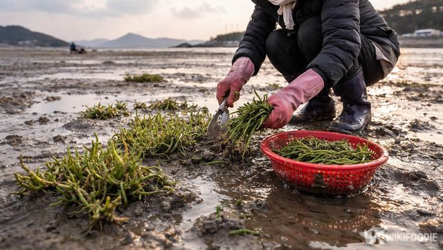 갯벌에서 세발나물을 채취하고 있는 모습. / 위키푸디