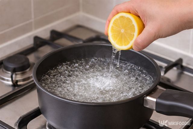 끓는 냄비에 레몬즙을 짜고 있다. / 위키푸디