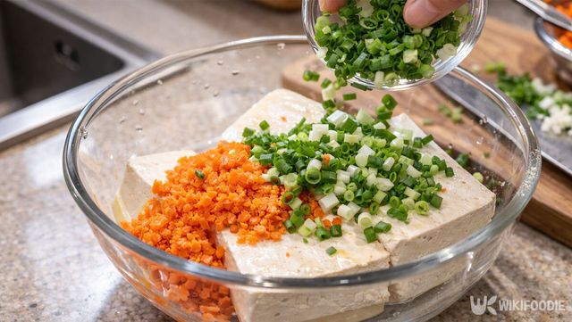 두부에 잘게 자른 채소들을 넣고 있다. / 위키푸디